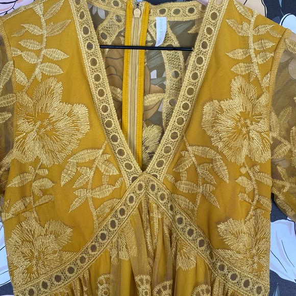 PinkBlush Mustard Lace Overlay Maternity Maxi Dress Boho Women Size Medium - Picture 3 of 11